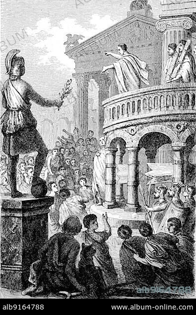 The Rostra, a large platform in the city of Rome that stood during the Republican and, Historically, digitally restored reproduction of a 19th century Imperial era original. Cicero and Catilina speaking to the people, the history of ancient Rome, Roman Empire, Italy, Europe.