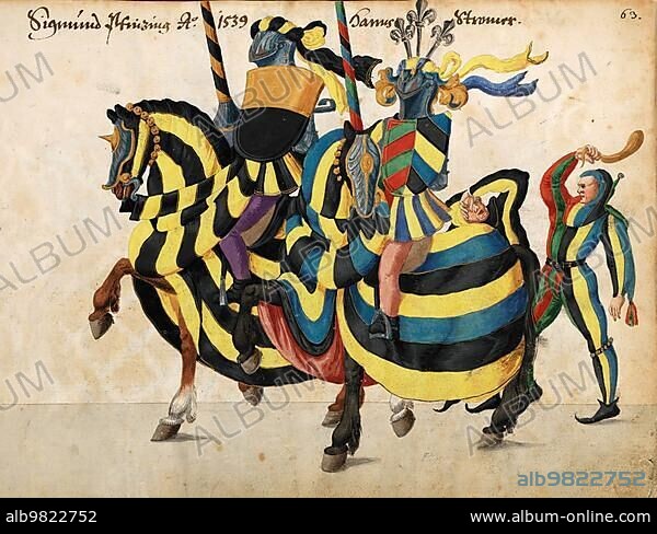 Knight on horseback in decorative armour at a jousting tournament; Album of tournaments and parades in Nuremberg; 1650; Bavaria; Germany; Historic; digitally restored reproduction from a 19th century original; Europe.