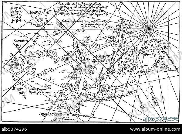 The oldest map of Nieuw Nederland or New Netherlands, a Dutch colony on the east coast of North America.