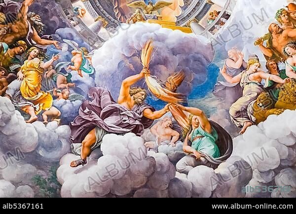 Jupiter hurls lightning, battle of the gods on Olympus against the giants on earth, illusionistic fresco by Giulio Romano, Sala dei Giganti, pleasure palace Palazzo Te, Mantua, Lombardy, Italy, Europe.