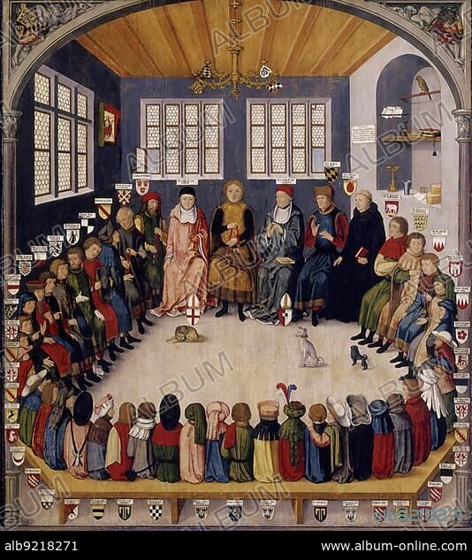 Eberhard III and his councillors at a council meeting, Eberhard III, called er Milde, after 1362, 16 May 1417, was Count of Württemberg from 1392 to 1417, Historic, digitally restored reproduction of an original from the period, exact original date not known.