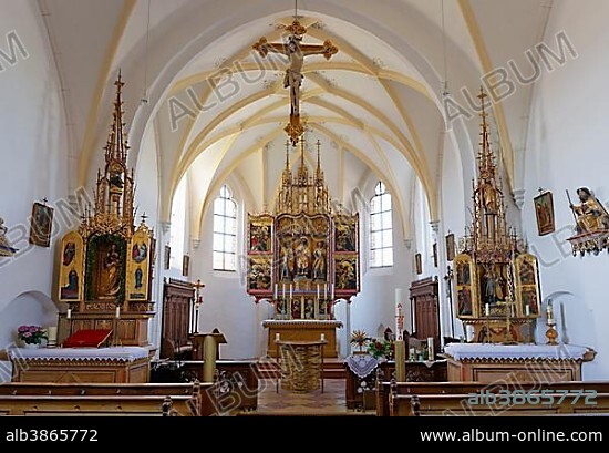 Presbytery with altar in the Church of Rabenden, Altenmarkt an der Alz, Chiemgau, Upper Bavaria, Bavaria, Germany, Europe.