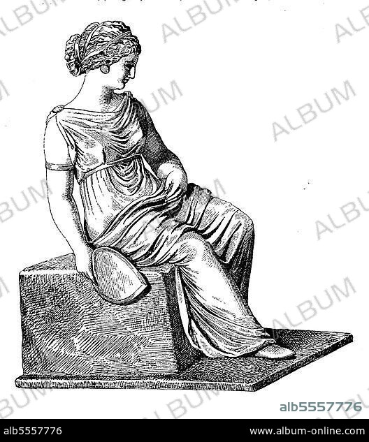 Altgriechenland. Junges Mädchen von (Tanagra), mit Chiton, Himation und Fächer, Geschichte der Mode, Kostümgeschichte, Historisch, digitale Reproduktion einer Originalvorlage aus dem 19. Jahrhundert.