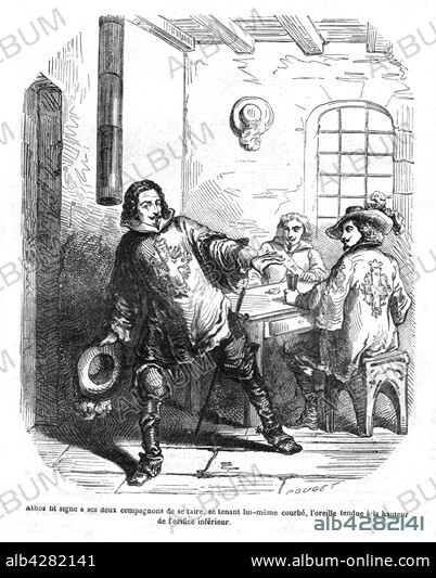 The Three Musketeers. Athos, Porthos and Aramis. Engraving, 19th century . Alexandre Dumas. Private collection.