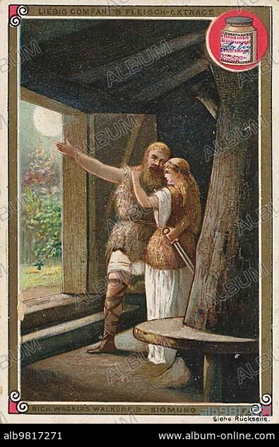 Sigmund and Siglind; Die Walküre; an opera by Richard Wagner; digitally restored reproduction of a public domain collector's picture from ca 1900; Liebig picture series Richard Wagner; Walküre; (1893).