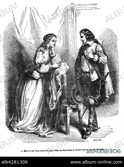 The Three Musketeers. Count de Rochefort with Milady. Engraving, 19th century . Alexandre Dumas. Private collection.