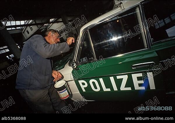 Fall of the Berlin wall, in spring, 1990, vehicles of the East Berlin police are painted in the colours of the West Berlin police, Germany, Europe.