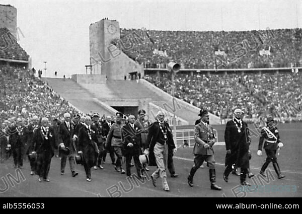Adolf Hitler with the leaders of world sport in the stadium, opening ceremony, Olympic Stadium.