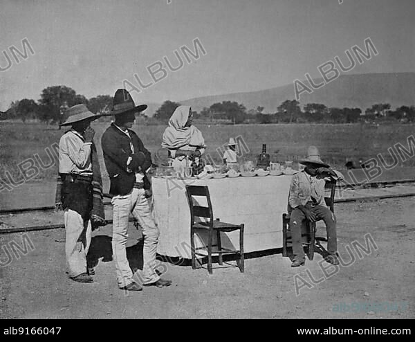 Mexico, coffee at the Mexican Central Railroad, woman in Mexican traditional costume offers the traveller typical drinks and cakes, ca 1880, historical, digital reproduction of a 19th century original, original date not known, Central America.