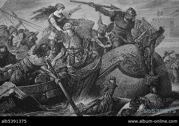 Vikings attacking, historical woodcut, circa 1880.