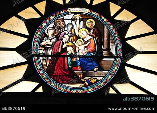 Stained glass window, Holy Family, St. Catherine Church, Bethlehem, Palestine, West Bank.