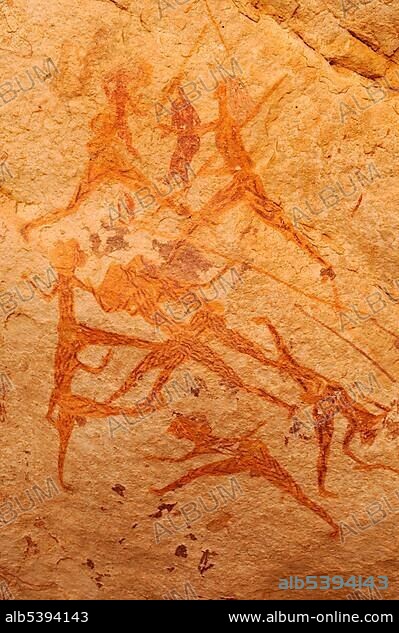 Hunting scene, neolithic rock art of the Tadrart, Tassili n'Ajjer National Park, Unesco World Heritage Site, Algeria, Sahara, North Africa, Africa.