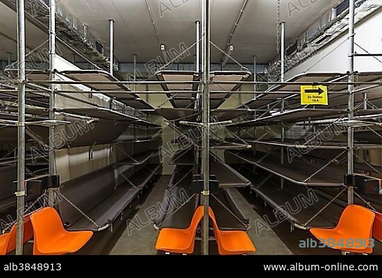 Sleeping room in a disused nuclear bunker, built for 2,400 people in the 1970s underneath Nuremberg Central Station, Nuremberg, Middle Franconia, Bavaria, Germany, Europe.