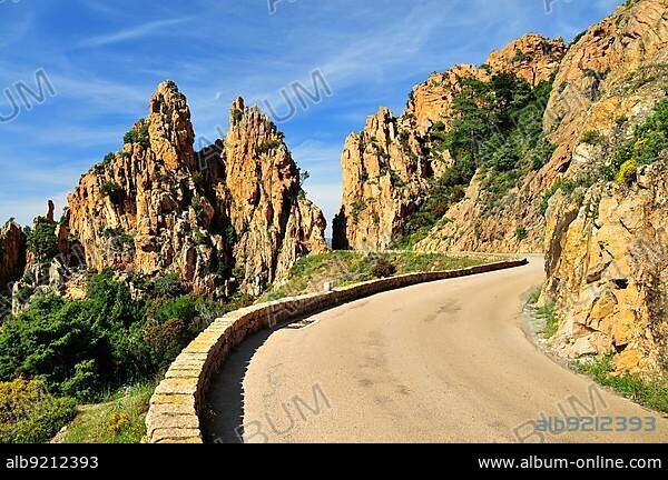 Granite rock formation on the coastal road through the Calanche de Piana in the Corsica nature park Park, near Porto, Corsica, France, Europe.