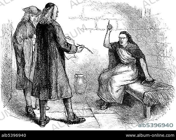 Historical drawing, US-American history, 17th century, Martha Corey, late 1620s - 1692, and her attorneys, she was convicted for being a witch in the witch trials of Salem in 1692 and was executed.