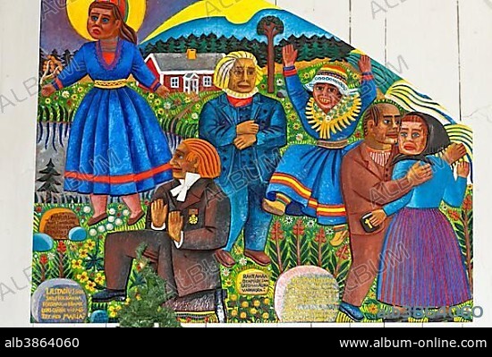 BROR HJORTH. Sami art, the daily life of the Sami people, colourful wood carving, Sami-Christian altarpiece designed by artist Bror Hjort in the wooden church of Jukkasjärvi, Lapland, Norrbotten County, Sweden, Scandinavia, Europe.
