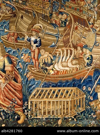 Tournai Tapestry (workshop of Jean Grenier or Arnould Puissonnier). Vasco da Gama's expedition to Calicut in 1498: boarding exotic animals. 1500-1520. Lisbon, Museu Nacional de Arte Antiga.