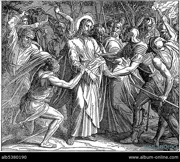 Woodcut, The Arrest of Jesus Christ, Matthew 26, 26, New Testament, Catholic Picture Bible.