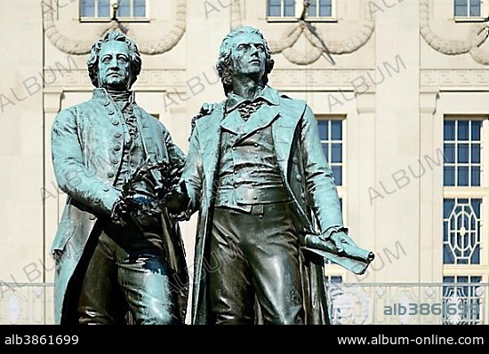 Goethe-Schiller-monument in front of the German national theater, Weimar, Thuringia, Germany, Europe.