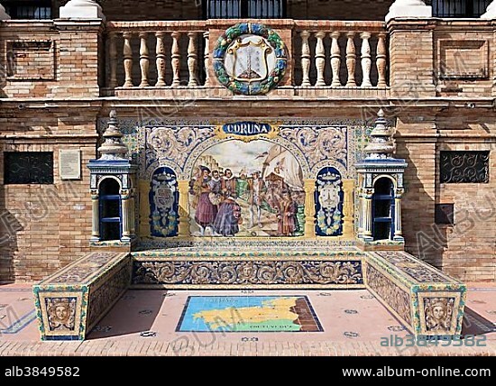 Tile mosaic of a Spanish province, Plaza de España, Seville, Spain, Europe.