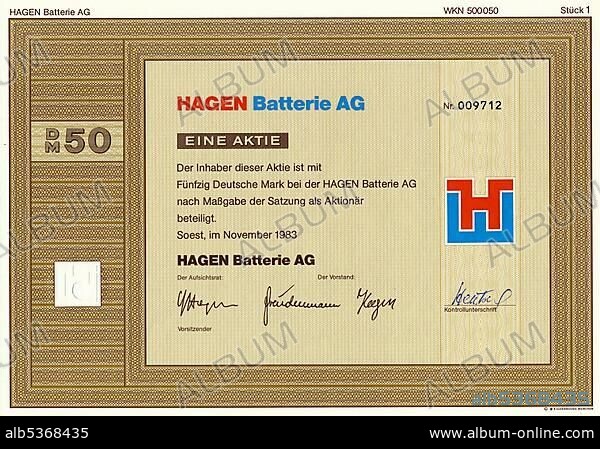 Historic share certificate, 50 DM, deutschmarks, Hagen Batterie AG, a former battery manufacturer, 1983, Soest, Germany, Europe.