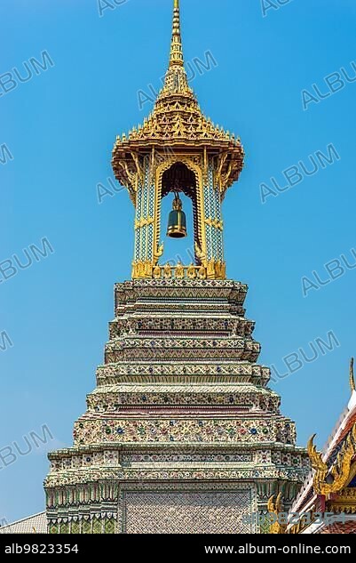 Belfry in the the famous Buddhist temple Wat Phra Kaeo in Bangkok. The Wat Phra Kaew; commonly known in English as the Temple of the Emerald Buddha and officially as Wat Phra Si (Rattana) Satsadaram.
