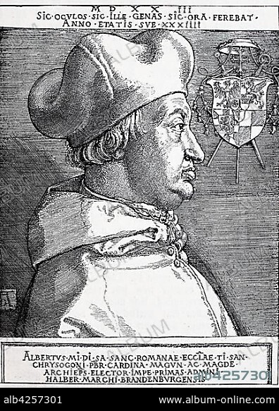 Albrecht Cardinal of Brandenburg, 28 June 1490, 24 September 1545, woodcut, Germany, Europe.