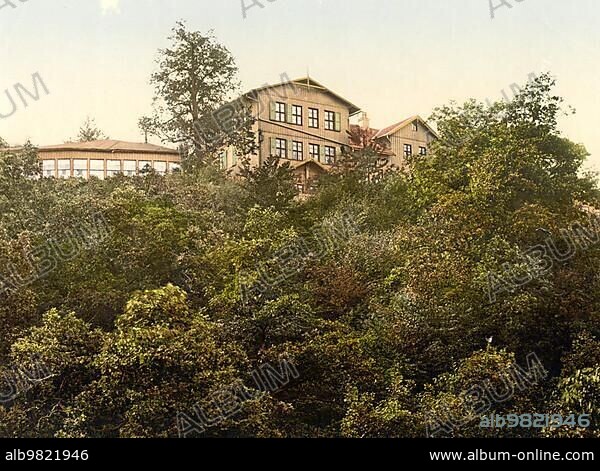 Roßtrappe; Restaurant; Thale; in the Harz Mountains; Bodetal; Saxony-Anhalt; Germany; around 1900; Historic; digitally restored reproduction of a photochromic print from the period; Europe.