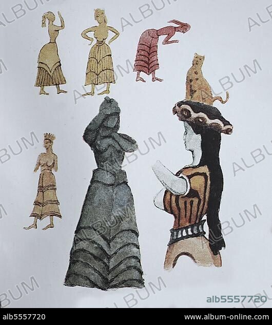 Mode, die Kleidung von Mykene, Kreta und Zypern, Ägäische und Phönizische Kultur, 2000-500 v. Chr. die kleinen Frauenfiguren sind aus mykenischem Kupfer und goldenen Siegesringen, unten Mitte, Bronzestatue einer Frau mit Vulkangestein aus Kreta, unten links eine Schlangengöttin mit Blusenmieder, digitale Reproduktion einer Originalvorlage aus dem 19. Jahrhundert, Originaldatum nicht bekannt.