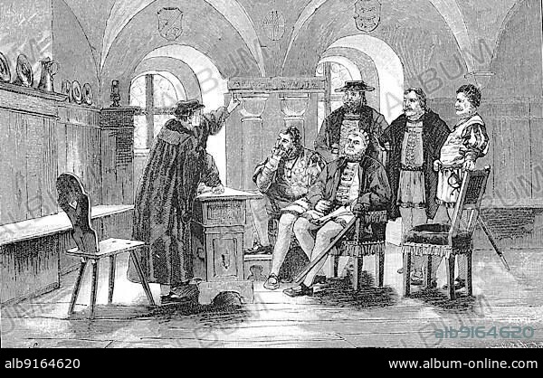 German Peasants' War, 1524-1526, Münster preaches to the princes. The so-called Fürstenpredigt (Sermon to the Princes) was preached by the theologian Thomas Müntzer at Allstedt Castle on 13 July 1524, Germany, Historic, digitally restored reproduction of a 19th century original, exact original date unknown