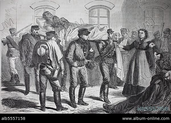 Verwundete Soldaten auf dem Bahnhof von Saarbrücken, Deutschland, deutsch-französischer Feldzug von 1870, Historisch, digital restaurierte Reproduktion einer Originalvorlage aus dem 19. Jahrhundert, genaues Originaldatum nicht bekannt.