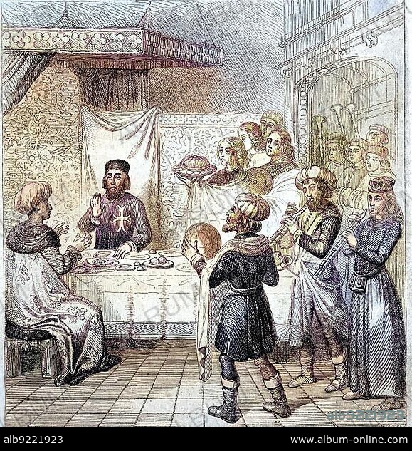 Sultan Cem or Cem Sultan, 1459-1495, also called Jem Sultan or Zizim by the French, was an heir to the Ottoman throne in the 15th century, here with Pierre dAubusson at a dinner in Rhodes, Greece, Historical, digitally restored reproduction of a 19th century original, Europe.