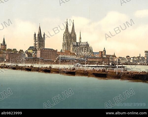 The pontoon bridge over the Rhine at Deutz; Cologne; North Rhine-Westphalia; Germany; c. 1900; Historic; digitally restored reproduction of a photochromic print from the period; Europe.