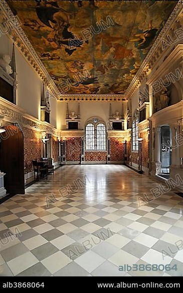 Restored Hirsvogel Hall with a canvas ceiling, representation of the "Fall of Phaeton", built in 1534 in the style of the Italian Renaissance, Hirschelgasse 9-11, Nuremberg, Middle Franconia, Bavaria, Germany, Europe.