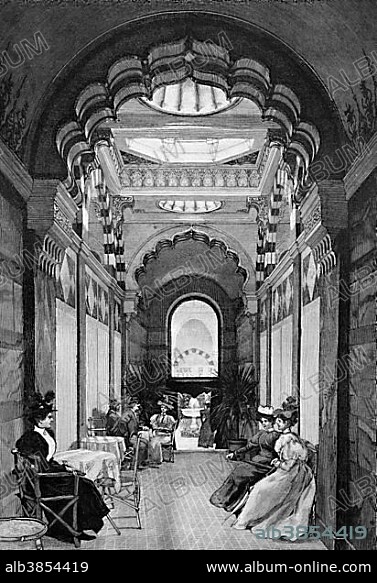The new hall of the royal bathhouse, Wildbad, today Bad Gastein, Austria, historic wood engraving, about 1897, Europe.