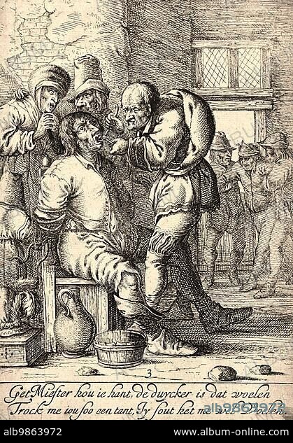 A dental extractor pulls a tooth from a patient tied to a chair in a rundown room while his worried woman looks on. Dental instruments and apparatus. Dentist and Patient, Dentistry, Dentist, c. 1650, Historic, digitally restored reproduction from a 19th century original.