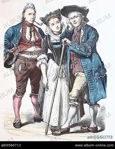 Folk traditional costume, clothing, history of costumes, garments from Switzerland, Aargau and St. Gallen, 1780, Historic, digitally restored reproduction of a 19th century original, exact date unknown.