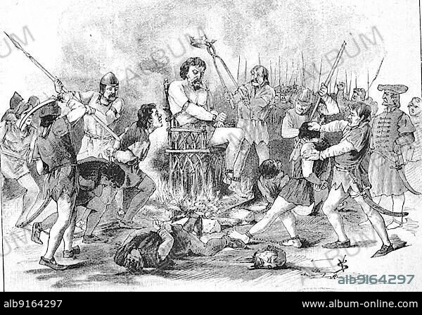 German Peasant War, 1514-1526, The Execution of Dosa. György Dozsa, Georg Dozsa, Dozsa György, Gheorghe Doja, c. 1470-1514, Szekler from Transylvania, equestrian captain, leader of the Hungarian Peasants' Revolt, Germany, Historical, digitally restored reproduction of a 19th century original, exact original date unknown, Europe.