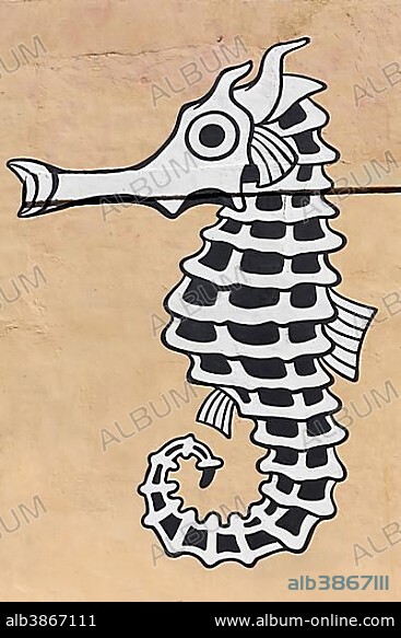 Seahorse, painted on house wall, graffiti, St. Elmo Bay, Valletta, Malta, Europe.