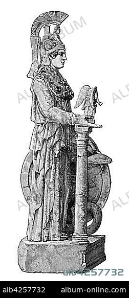 The statue of Penthelic marble by Athena Parthenos, Parthenon in Athens, 1800, woodcut, Greece, Europe.