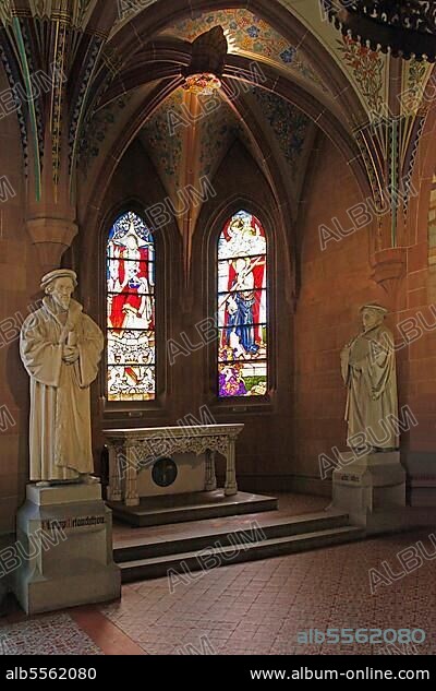 Melanchthon House, Memorial Hall, Reformation statues of Philipp Melanchthon and Martin Luther, altar with Melanchthon coat of arms, choir window, Bretten, Kraichgau, Karlsruhe County, Baden-Württemberg, stained glass windows, Germany, Europe.