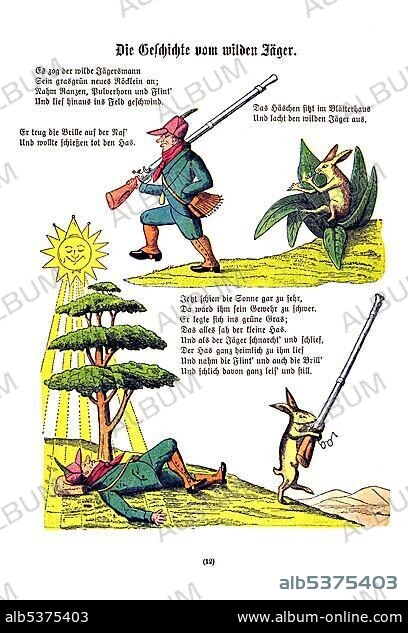 Book illustration, Die Geschichte vom wilden Jaeger, The Story of the Wild Huntsman, Der Struwwelpeter, Shaggy Peter, Dr. Heinrich Hoffmann, 1876