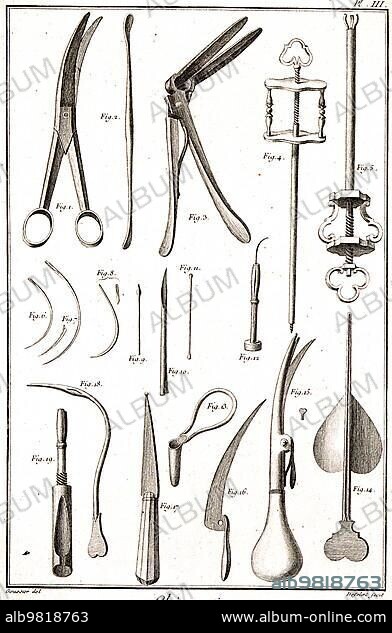 Medicine; anatomy; surgery; surgical instruments; including a catheter; a curved chisel; a curette; needles and a bistorium; c. 1700; Historical; digitally restored reproduction from a 19th century original.