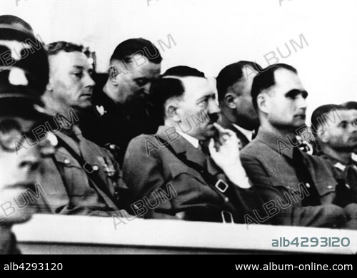 Adolf Hitler during the Proclamation of the NSDAP Nazi party as the sole legal party.. Next to him, Victor Lutze (on the l.) and Hesse (on the r.).. Nuremberg, July 14, 1933.