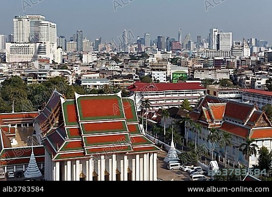 Ubsot Wat Saket with skyline, view from Golden Mountain, district Pom Prap Sattru Phai, Bangkok, Thailand, Asia.