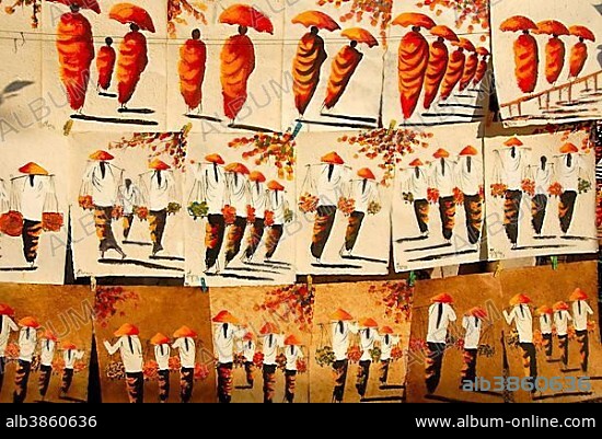 Collage of paintings with buddhist monks and asian women wearing straw hats, Vientiane, Laos, Asien, Asia.