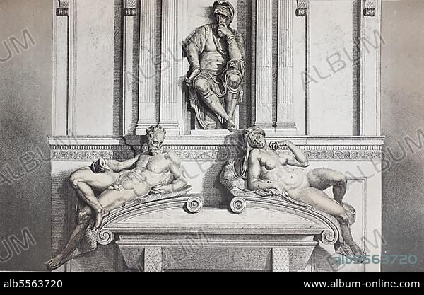 Grabmal von Lorenzo di Piero de Medici mit Abend- und Morgendämmerung, ein Werk von Michelangelo. Basilika von San Lorenzo, Florenz, Italien, digital restaurierte Reproduktion einer Originalvorlage aus dem 19. Jahrhundert.