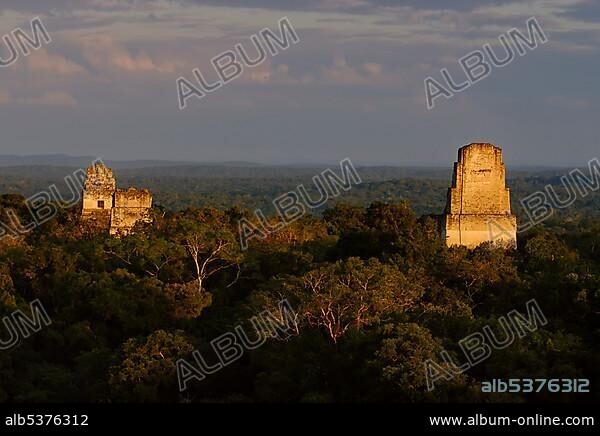 Mayan ruins of Tikal - View from Temple IV to Temple I, Temple of the Giant Jaguar, II and V, Yucatan, Guatemala, Central America.