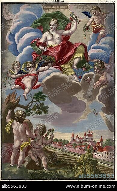 Göttin Flora, Gartengestaltung, Nürnbergische Hesperides, Nürnberger Hesperidengärten von Johann Christoph Volkamer, 1710, Nürnberg, Bayern, Deutschland, digital restaurierte Reproduktion einer Originalvorlage aus dem 18. Jahrhundert, genaues Originaldatum nicht bekannt.