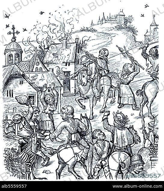 Plünderungsszenen während der Hussitenkriege, einer Reihe von Auseinandersetzungen und Schlachten in den Jahren 1419-1436, digitale verbesserte Datei eines Originaldrucks aus dem 19. Jahrhundert.